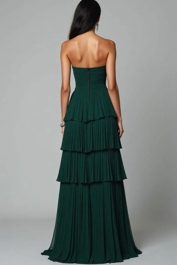 Robe Weitese trapèze élégante vert foncé, sans manches, à volants et à volants, avec fente